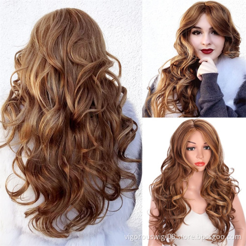 Vigorous Ombre Blonde To Brown Synthetic Long Wavy Hair Wig Fluffy Side Part Hairstyles Women's Cosplay Wig High Temperature